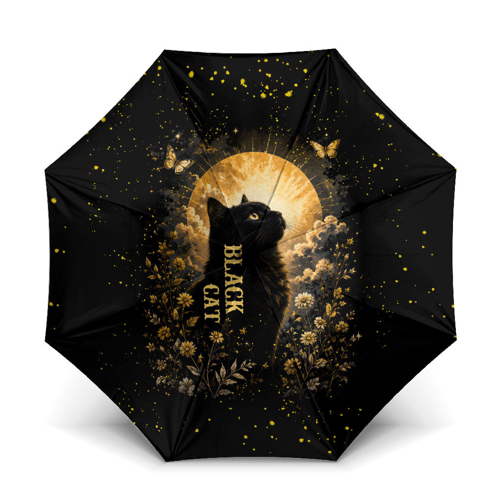 Black Cat Celestial Moon Umbrella Mystical Gold Floral Night Sky