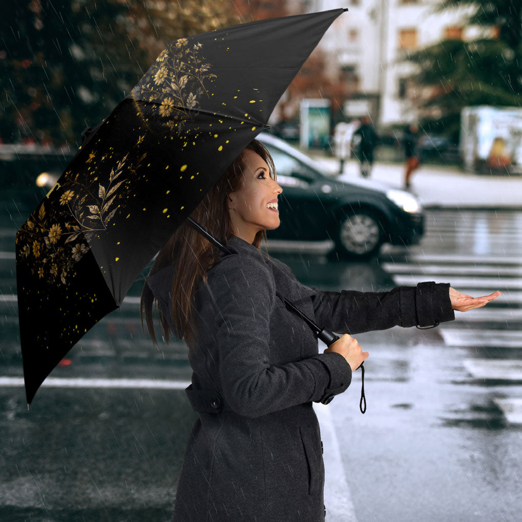 Black Cat Celestial Moon Umbrella Mystical Gold Floral Night Sky