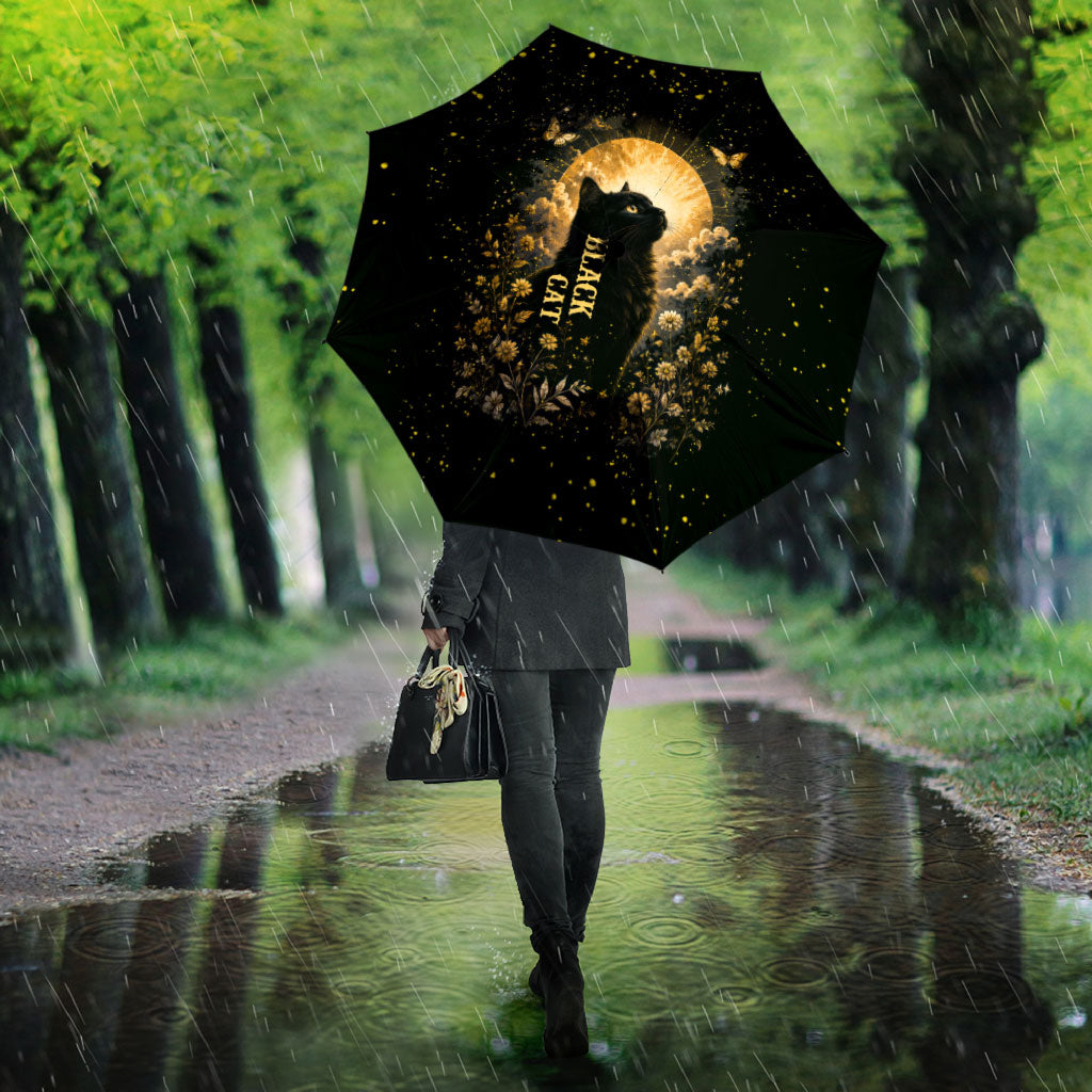 Black Cat Celestial Moon Umbrella Mystical Gold Floral Night Sky
