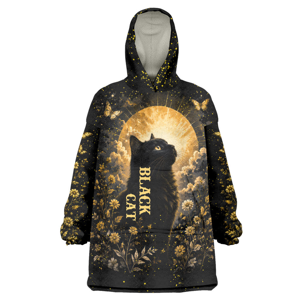 Black Cat Celestial Moon Wearable Blanket Hoodie Mystical Gold Floral Night Sky