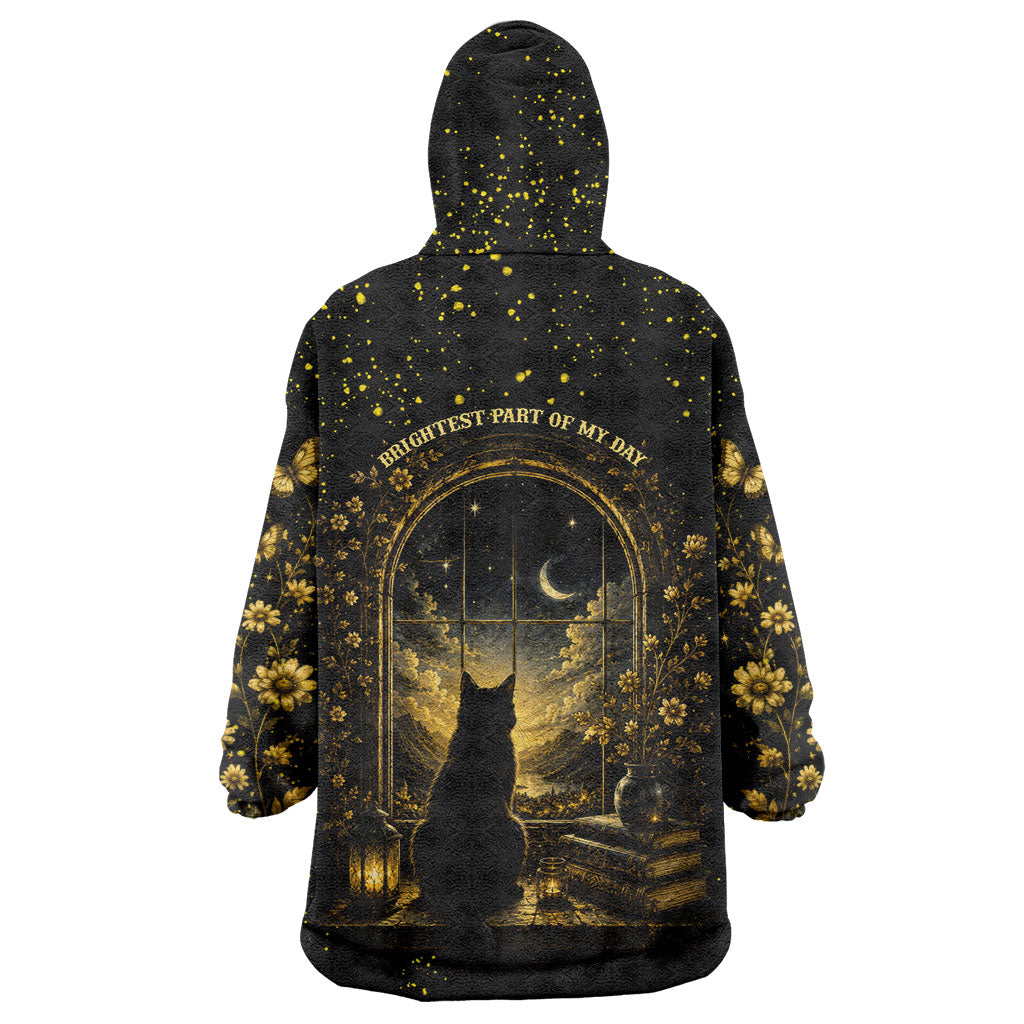 Black Cat Celestial Moon Wearable Blanket Hoodie Mystical Gold Floral Night Sky