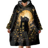 Black Cat Celestial Moon Wearable Blanket Hoodie Mystical Gold Floral Night Sky