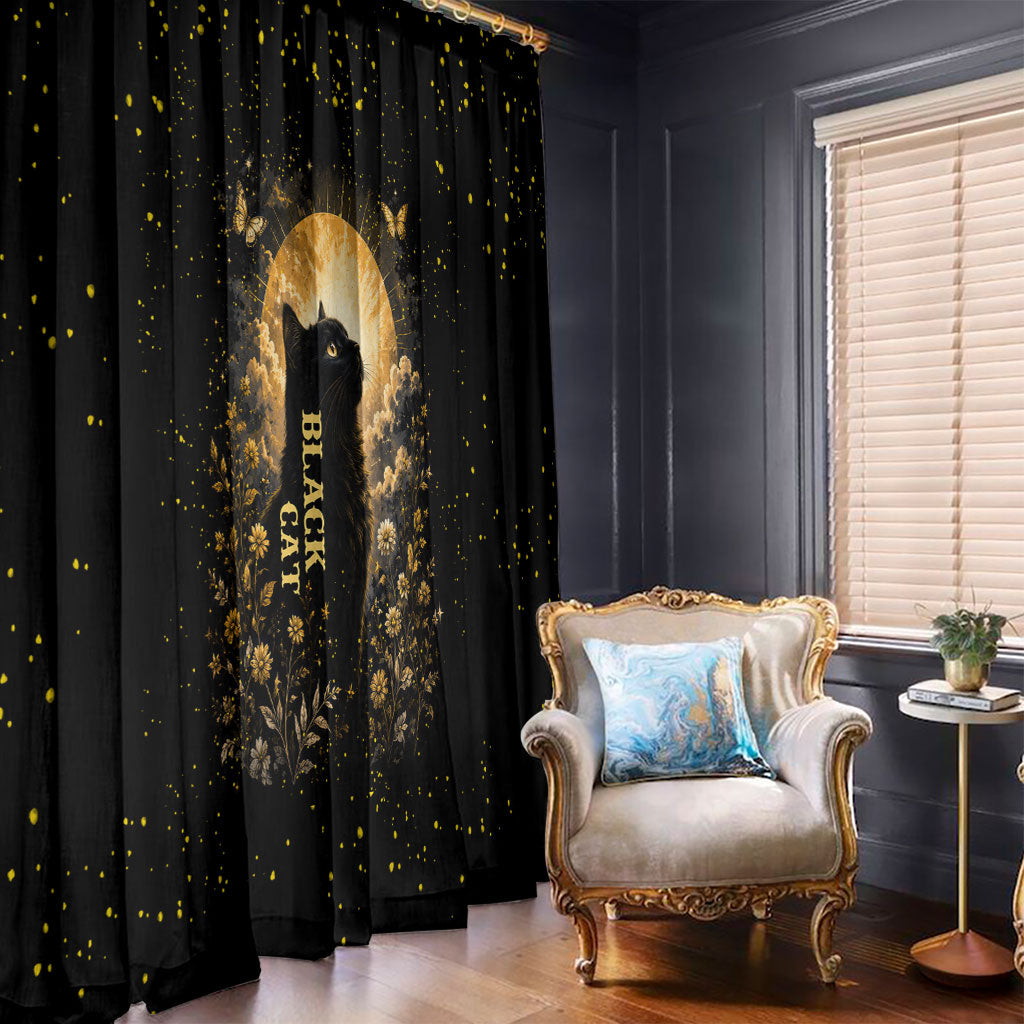Black Cat Celestial Moon Window Curtain Mystical Gold Floral Night Sky