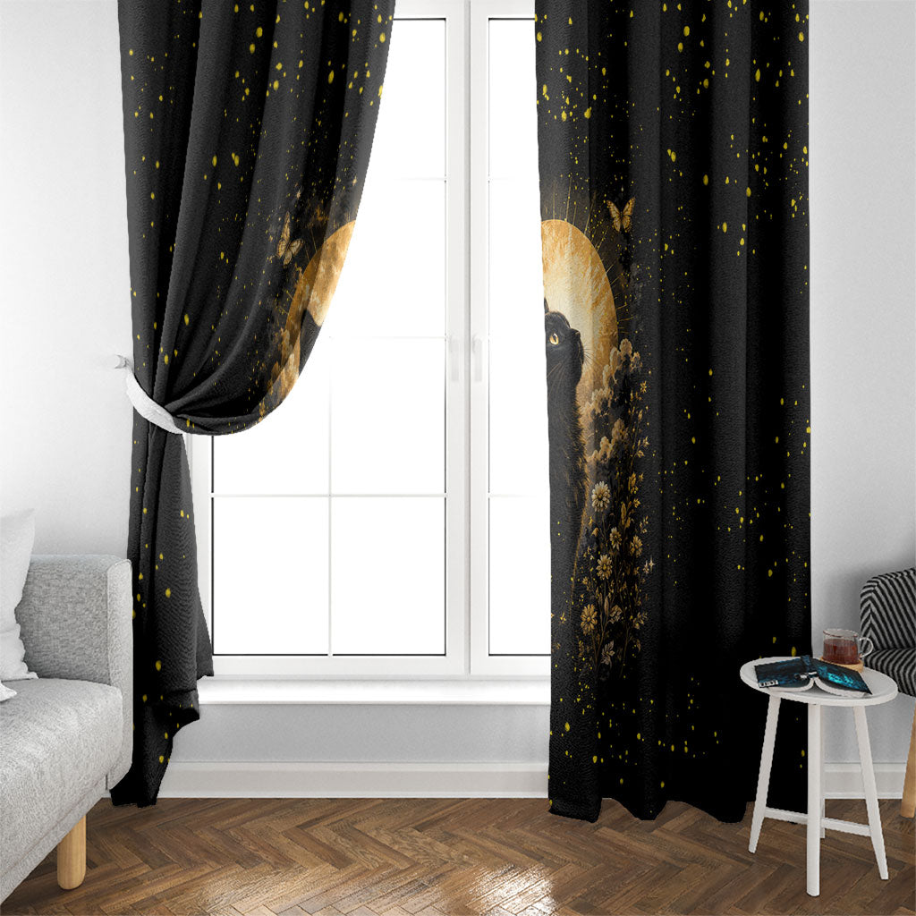 Black Cat Celestial Moon Window Curtain Mystical Gold Floral Night Sky