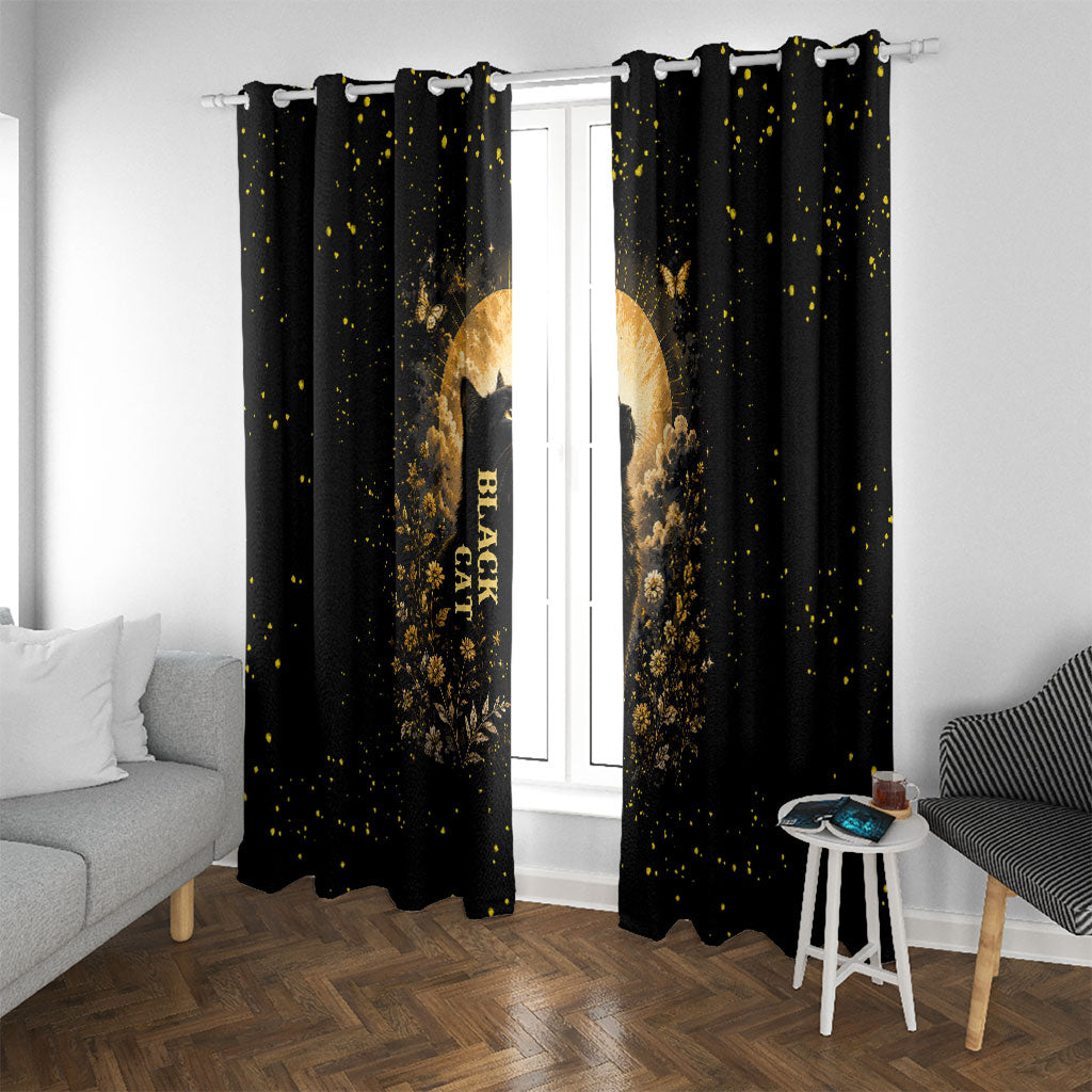 Black Cat Celestial Moon Window Curtain Mystical Gold Floral Night Sky