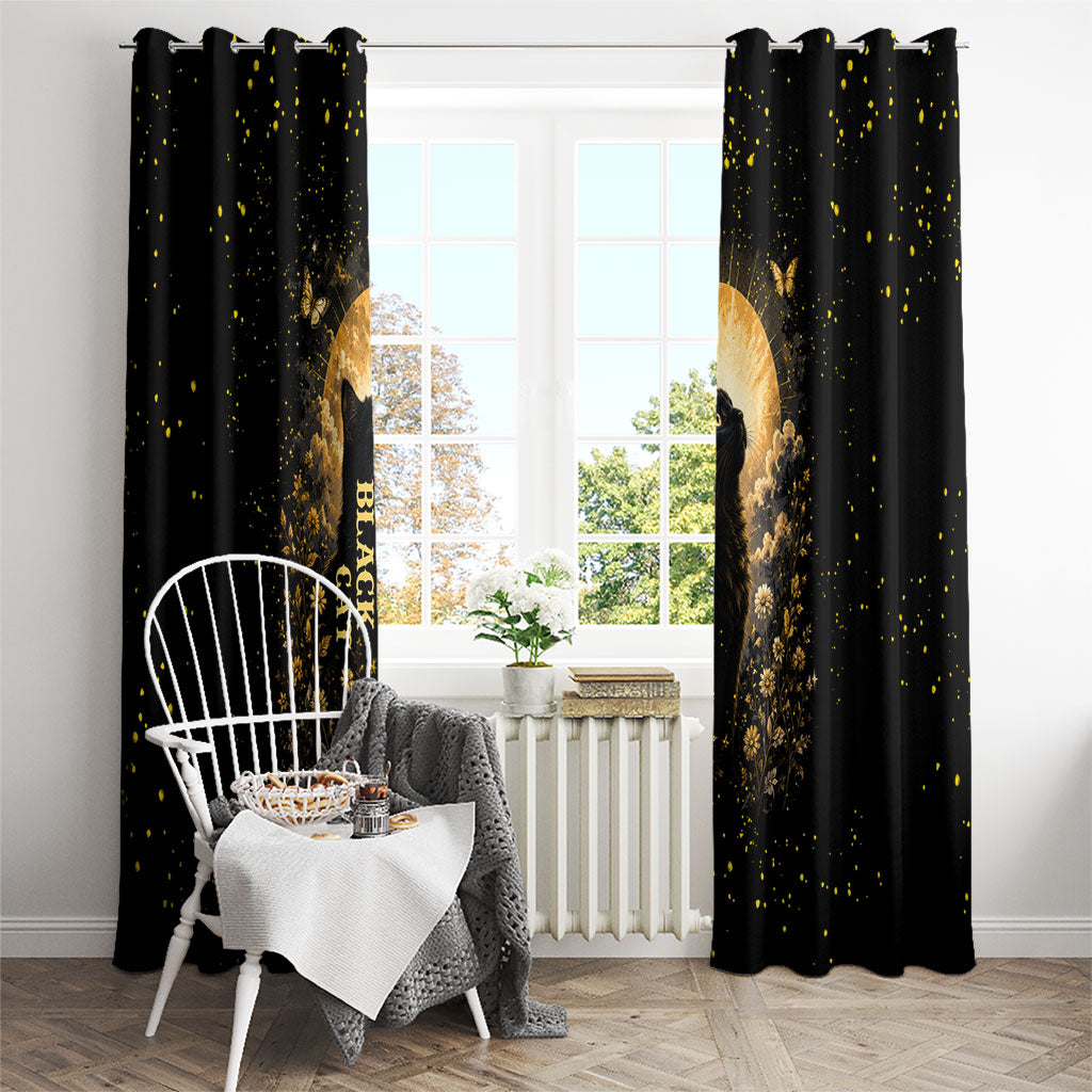 Black Cat Celestial Moon Window Curtain Mystical Gold Floral Night Sky