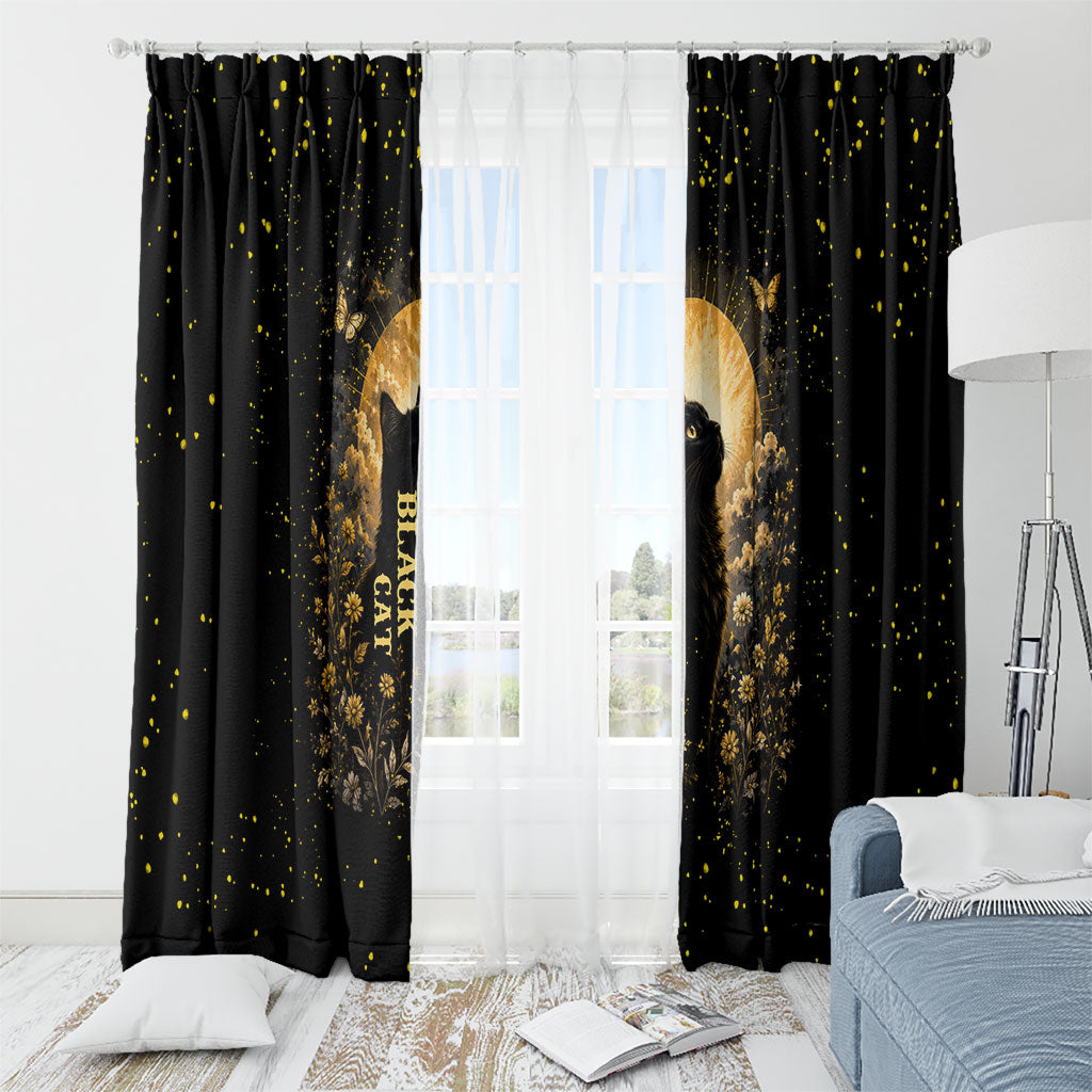 Black Cat Celestial Moon Window Curtain Mystical Gold Floral Night Sky