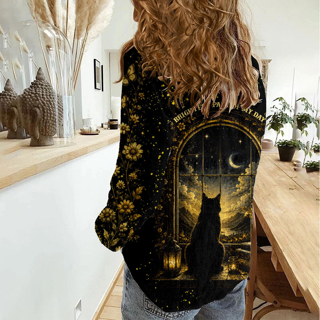 Black Cat Celestial Moon Women Casual Shirt Mystical Gold Floral Night Sky