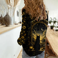 Black Cat Celestial Moon Women Casual Shirt Mystical Gold Floral Night Sky