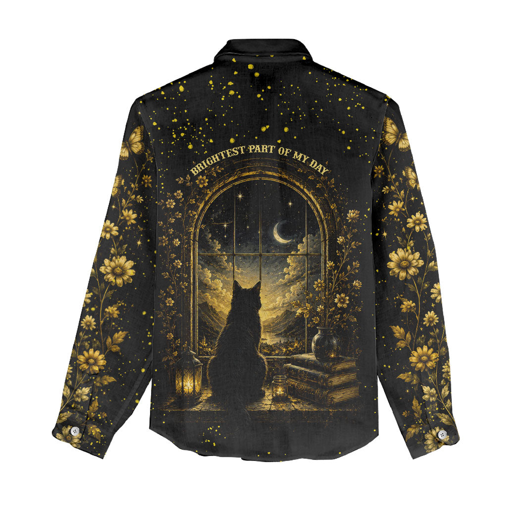 Black Cat Celestial Moon Women Casual Shirt Mystical Gold Floral Night Sky