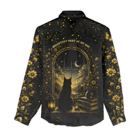 Black Cat Celestial Moon Women Casual Shirt Mystical Gold Floral Night Sky