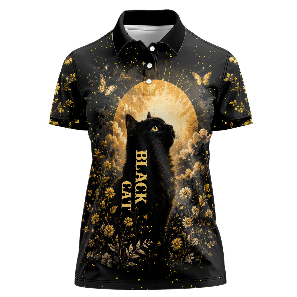 Black Cat Celestial Moon Women Polo Shirt Mystical Gold Floral Night Sky