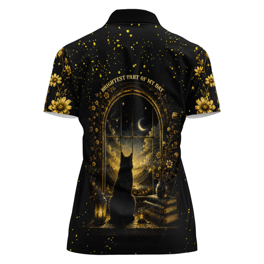Black Cat Celestial Moon Women Polo Shirt Mystical Gold Floral Night Sky