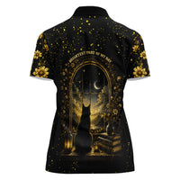 Black Cat Celestial Moon Women Polo Shirt Mystical Gold Floral Night Sky