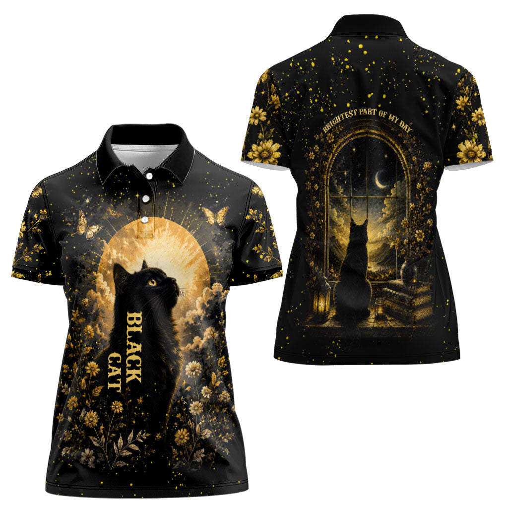 Black Cat Celestial Moon Women Polo Shirt Mystical Gold Floral Night Sky