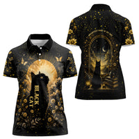 Black Cat Celestial Moon Women Polo Shirt Mystical Gold Floral Night Sky