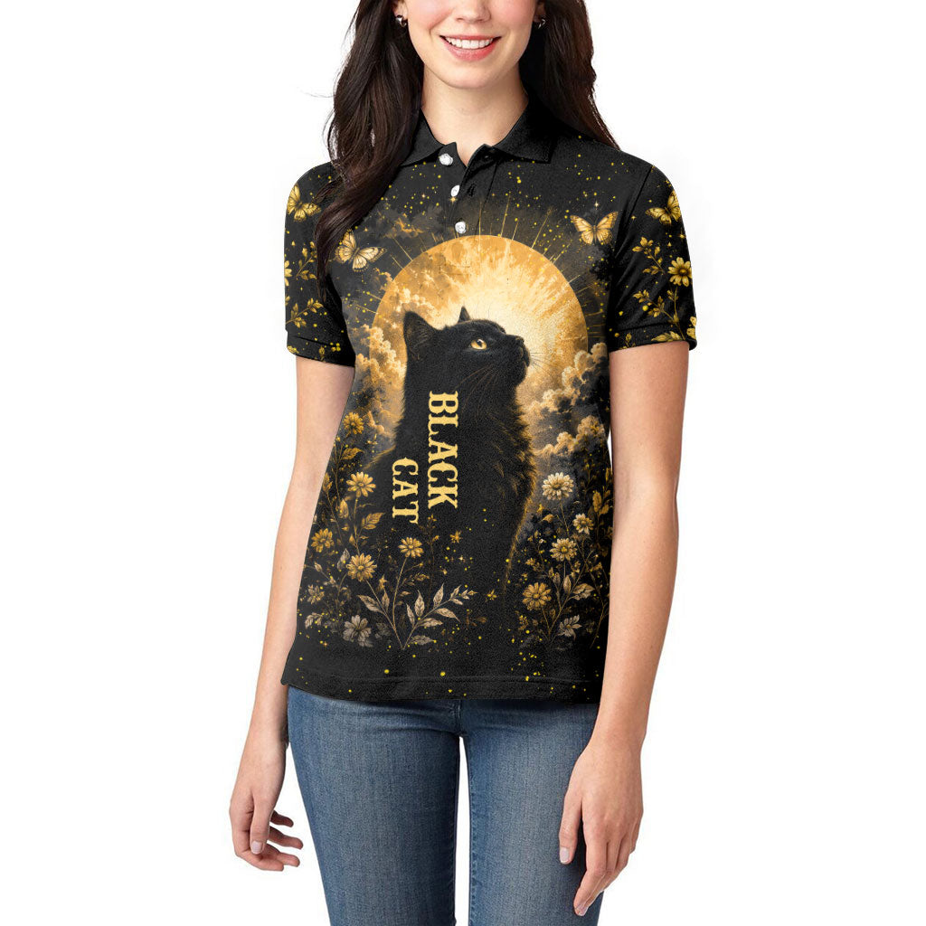 Black Cat Celestial Moon Women Polo Shirt Mystical Gold Floral Night Sky