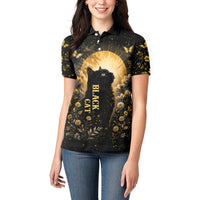 Black Cat Celestial Moon Women Polo Shirt Mystical Gold Floral Night Sky