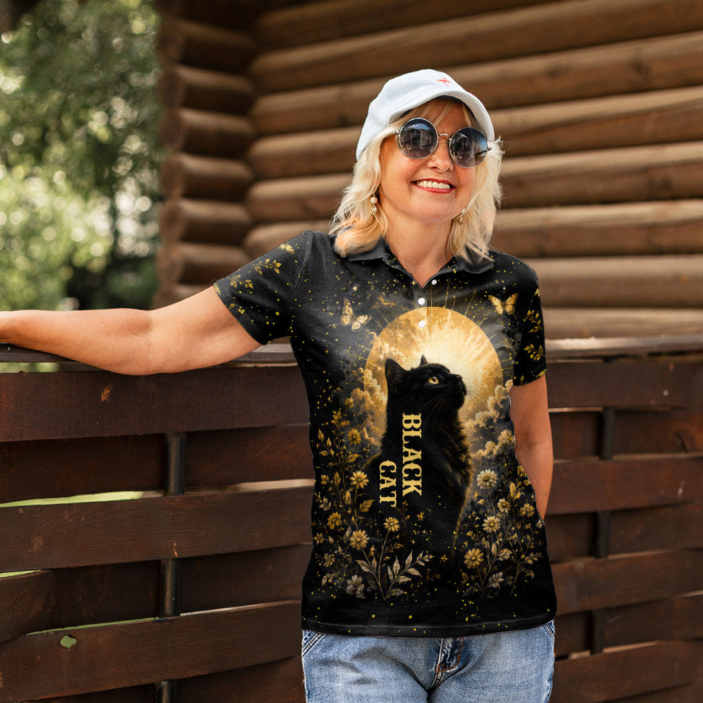 Black Cat Celestial Moon Women Polo Shirt Mystical Gold Floral Night Sky