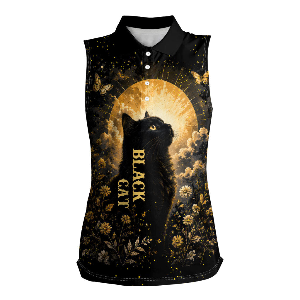 Black Cat Celestial Moon Women Sleeveless Polo Shirt Mystical Gold Floral Night Sky