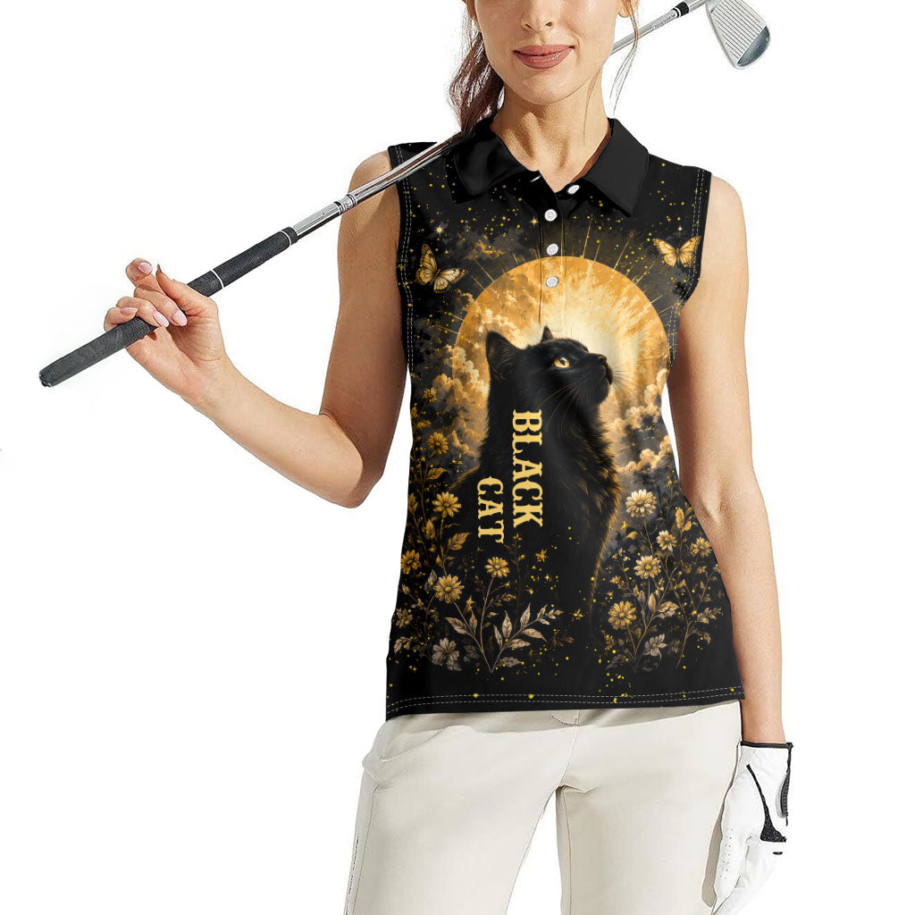Black Cat Celestial Moon Women Sleeveless Polo Shirt Mystical Gold Floral Night Sky
