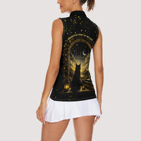 Black Cat Celestial Moon Women Sleeveless Polo Shirt Mystical Gold Floral Night Sky