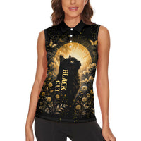 Black Cat Celestial Moon Women Sleeveless Polo Shirt Mystical Gold Floral Night Sky