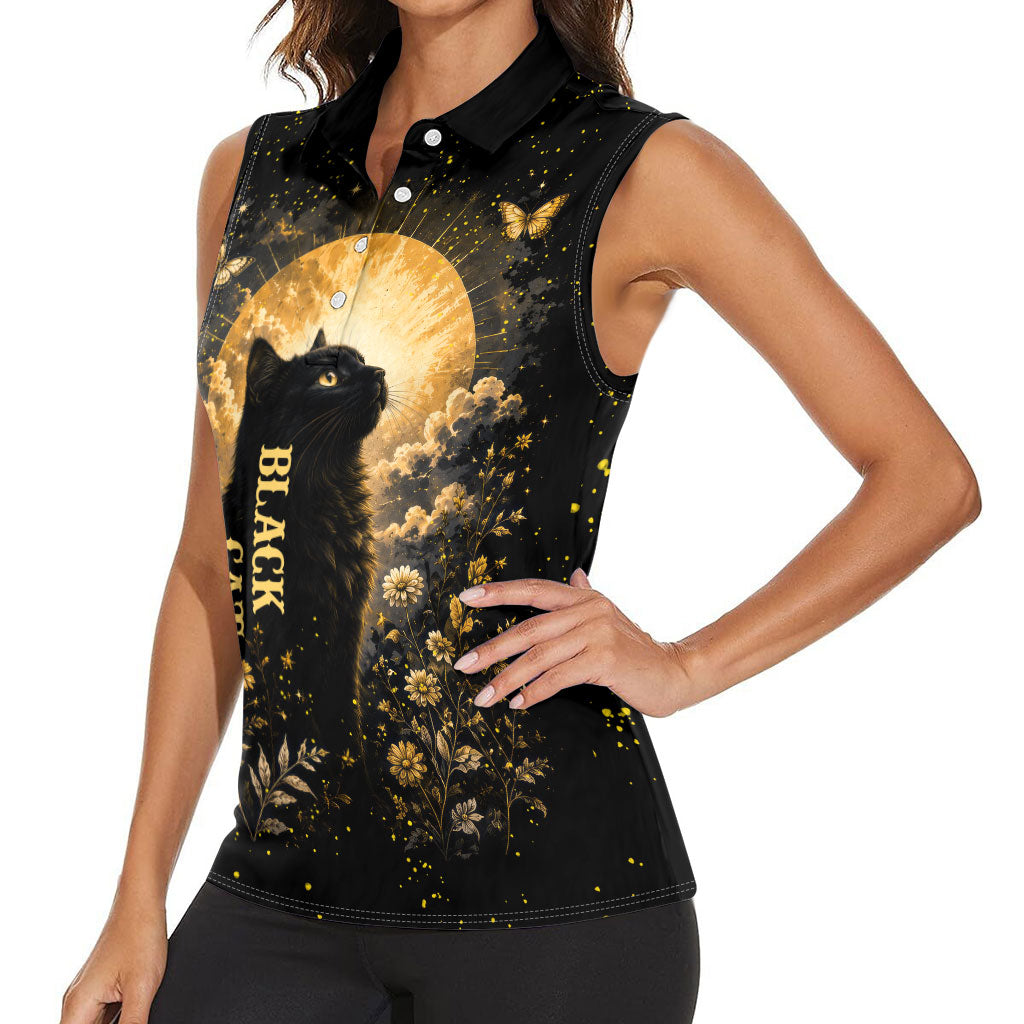 Black Cat Celestial Moon Women Sleeveless Polo Shirt Mystical Gold Floral Night Sky