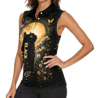 Black Cat Celestial Moon Women Sleeveless Polo Shirt Mystical Gold Floral Night Sky