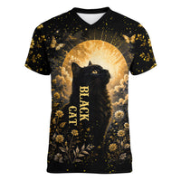 Black Cat Celestial Moon Women V-Neck T-Shirt Mystical Gold Floral Night Sky