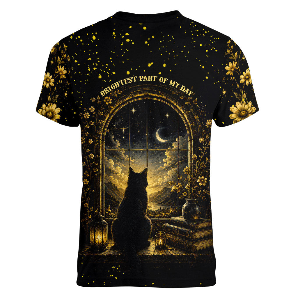 Black Cat Celestial Moon Women V-Neck T-Shirt Mystical Gold Floral Night Sky