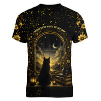 Black Cat Celestial Moon Women V-Neck T-Shirt Mystical Gold Floral Night Sky