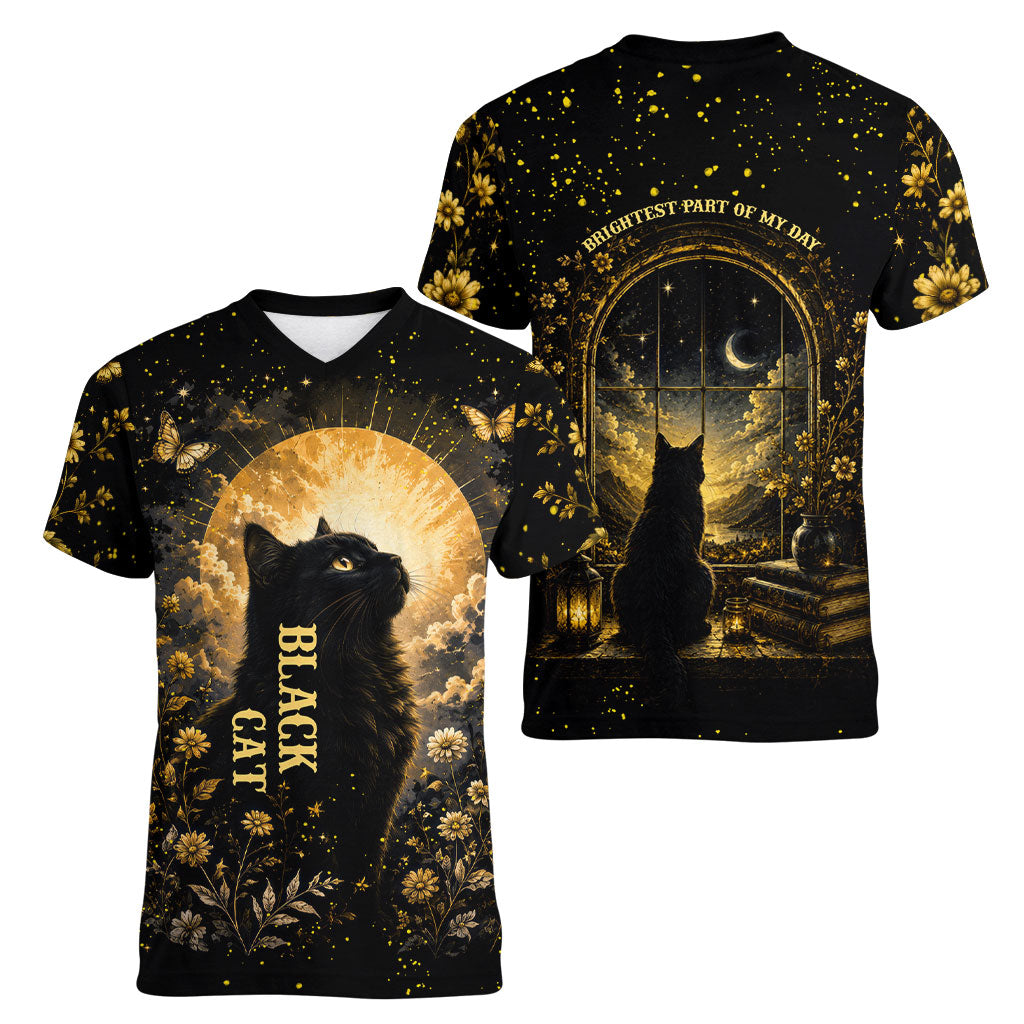 Black Cat Celestial Moon Women V-Neck T-Shirt Mystical Gold Floral Night Sky