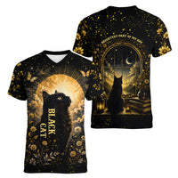 Black Cat Celestial Moon Women V-Neck T-Shirt Mystical Gold Floral Night Sky