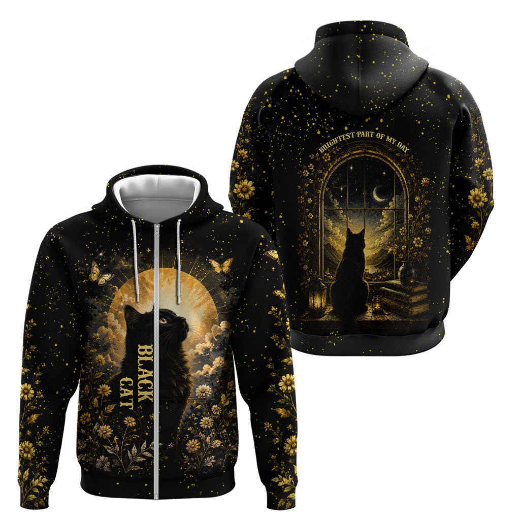 Black Cat Celestial Moon Zip Hoodie Mystical Gold Floral Night Sky