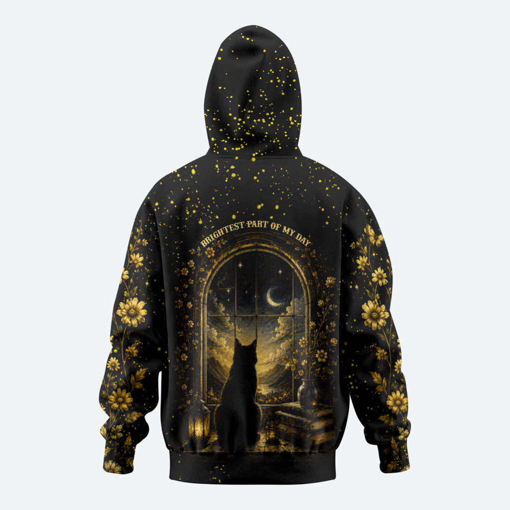 Black Cat Celestial Moon Zip Hoodie Mystical Gold Floral Night Sky