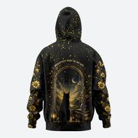 Black Cat Celestial Moon Zip Hoodie Mystical Gold Floral Night Sky