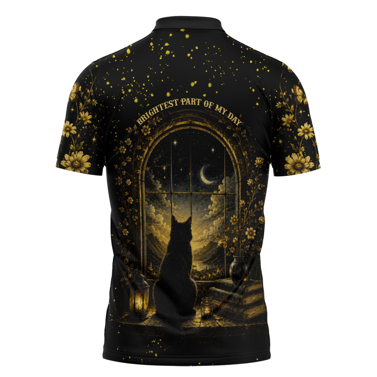 Black Cat Celestial Moon Zipper Polo Shirt Mystical Gold Floral Night Sky