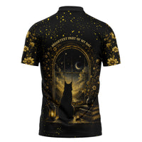 Black Cat Celestial Moon Zipper Polo Shirt Mystical Gold Floral Night Sky