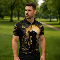 Black Cat Celestial Moon Zipper Polo Shirt Mystical Gold Floral Night Sky