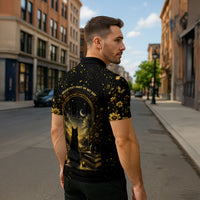 Black Cat Celestial Moon Zipper Polo Shirt Mystical Gold Floral Night Sky