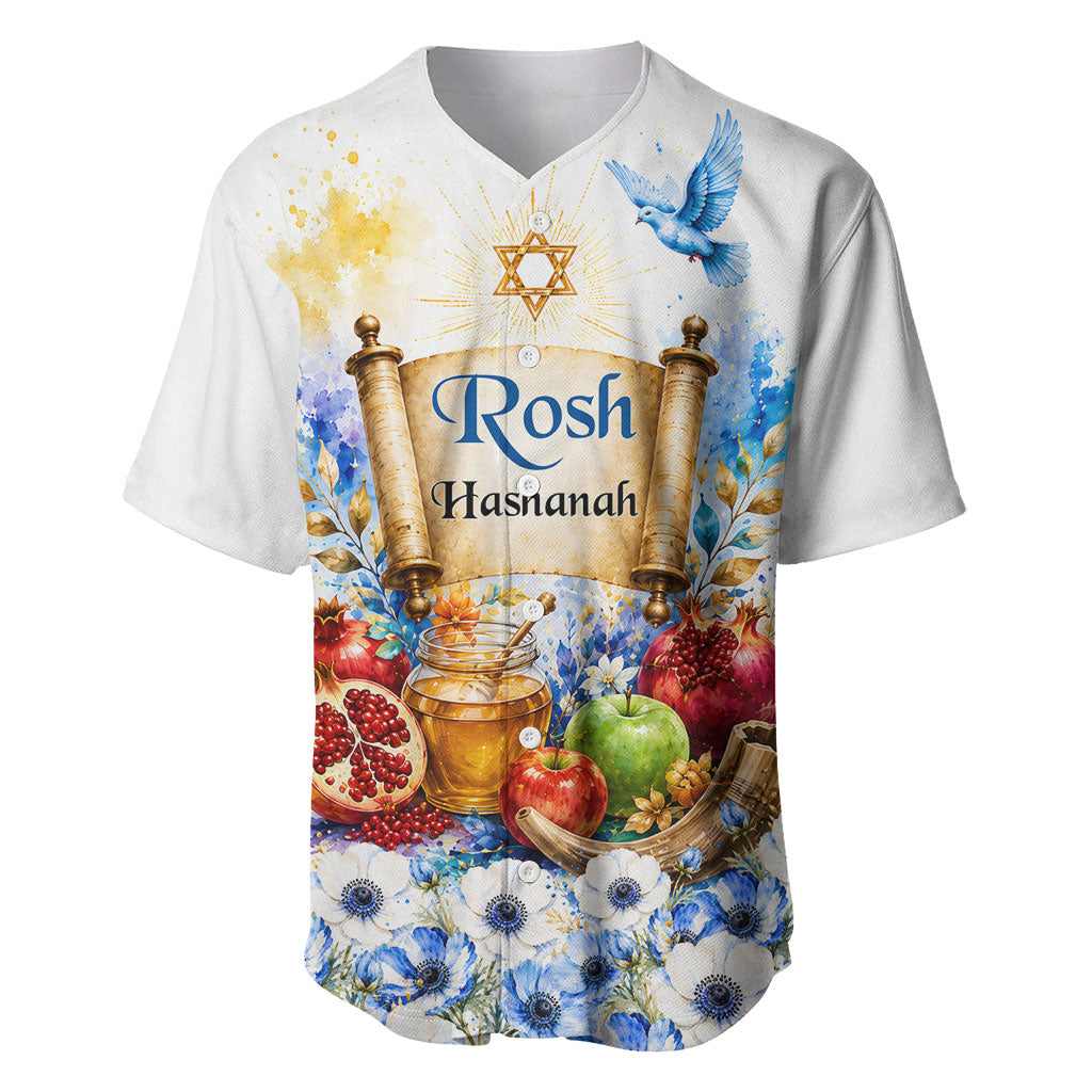 Rosh Hashanah Jewish New Year Baseball Jersey Watercolor Floral Apples Honey - Shofar Jewish Holiday