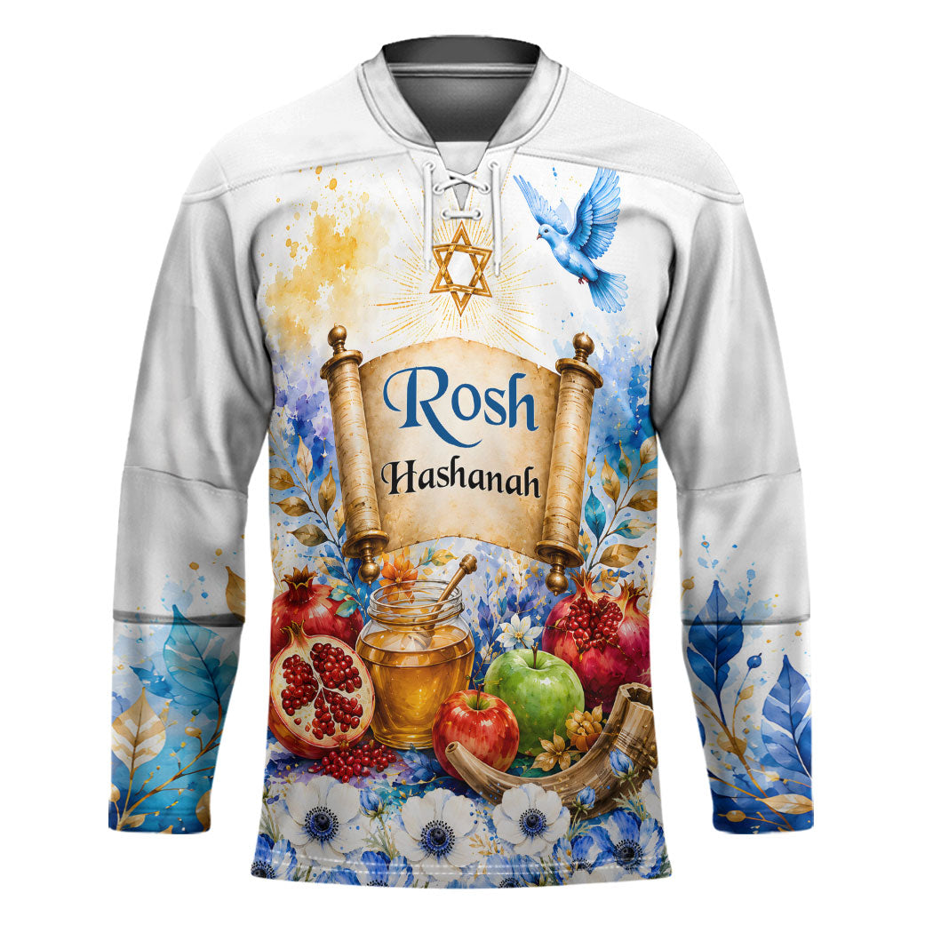 Rosh Hashanah Jewish New Year Hockey Jersey Watercolor Floral Apples Honey - Shofar Jewish Holiday