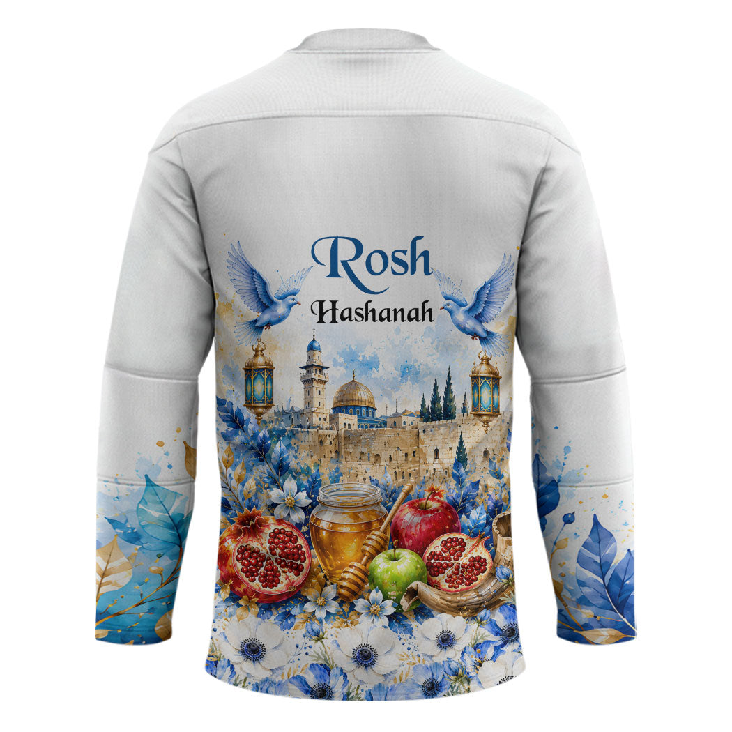 Rosh Hashanah Jewish New Year Hockey Jersey Watercolor Floral Apples Honey - Shofar Jewish Holiday