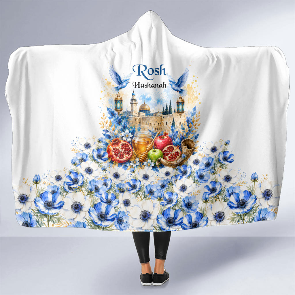 Rosh Hashanah Jewish New Year Hooded Blanket Watercolor Floral Apples Honey - Shofar Jewish Holiday