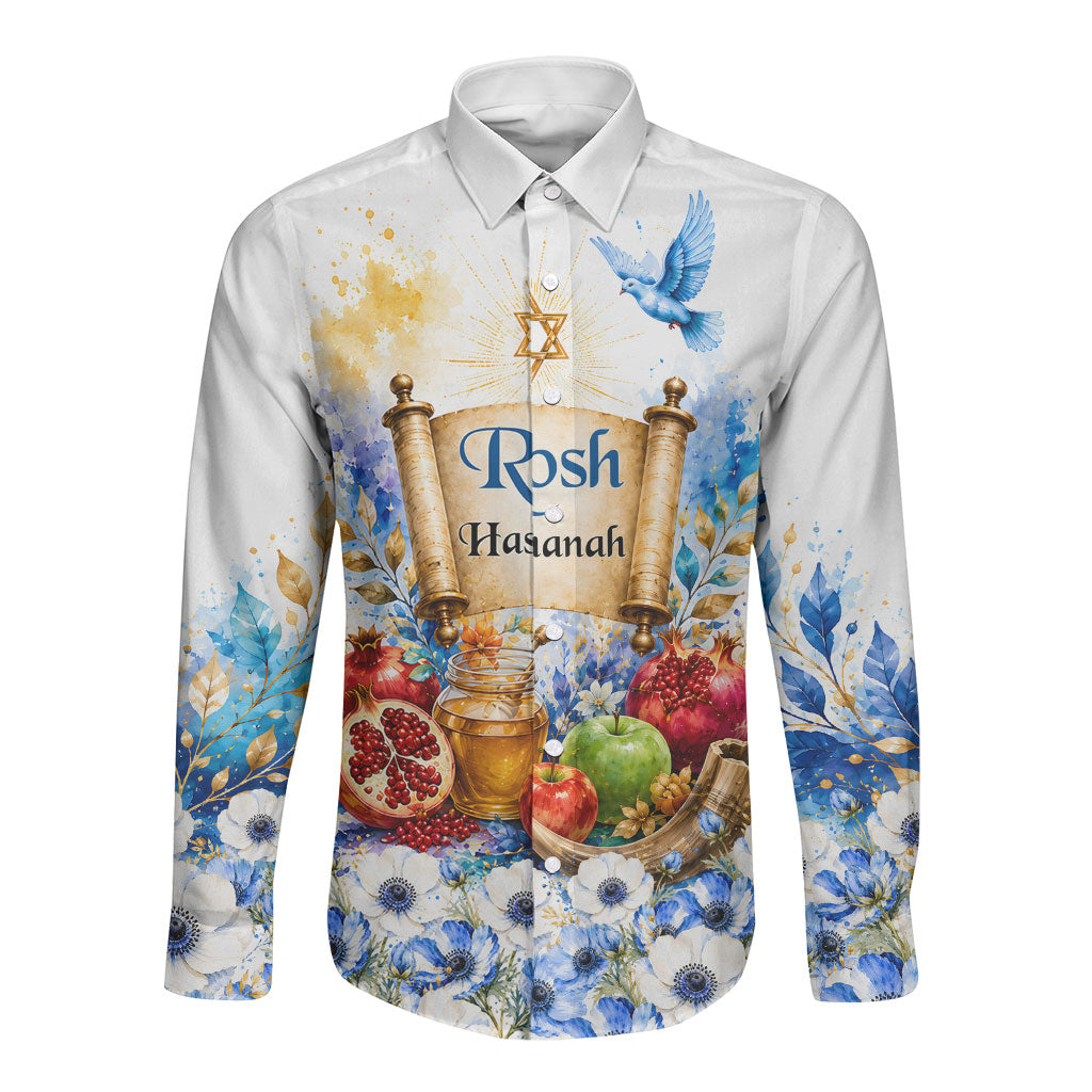 Rosh Hashanah Jewish New Year Long Sleeve Button Shirt Watercolor Floral Apples Honey - Shofar Jewish Holiday