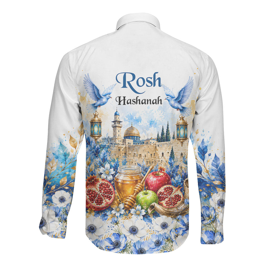 Rosh Hashanah Jewish New Year Long Sleeve Button Shirt Watercolor Floral Apples Honey - Shofar Jewish Holiday