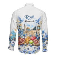 Rosh Hashanah Jewish New Year Long Sleeve Button Shirt Watercolor Floral Apples Honey - Shofar Jewish Holiday