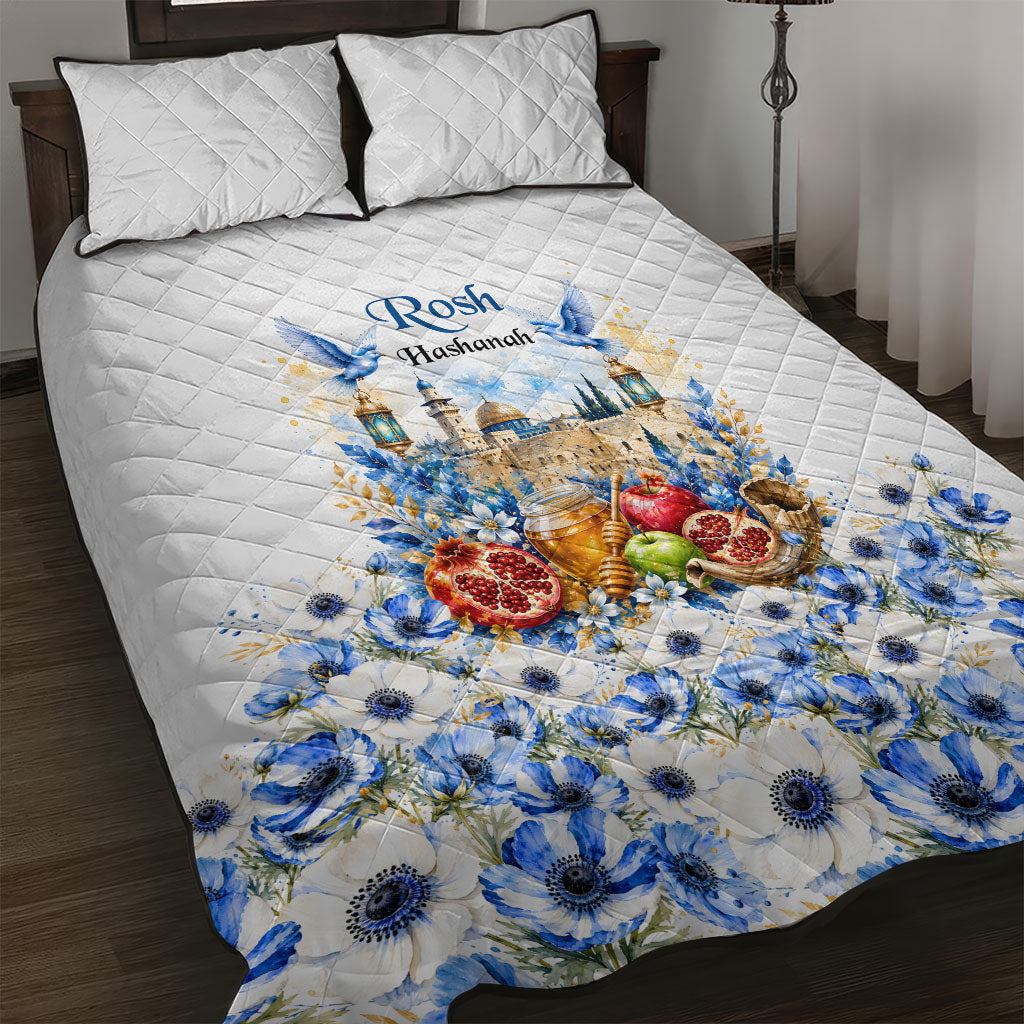 Rosh Hashanah Jewish New Year Quilt Bed Set Watercolor Floral Apples Honey - Shofar Jewish Holiday