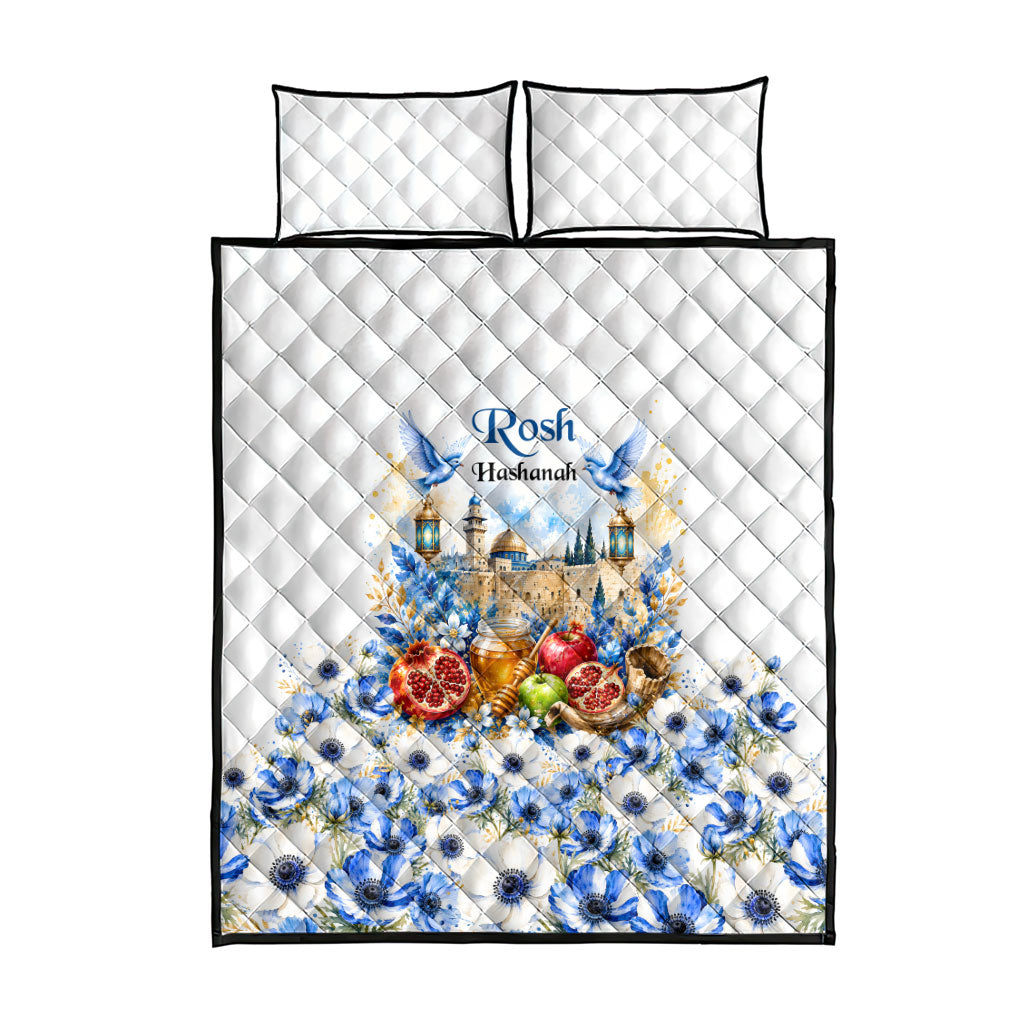 Rosh Hashanah Jewish New Year Quilt Bed Set Watercolor Floral Apples Honey - Shofar Jewish Holiday